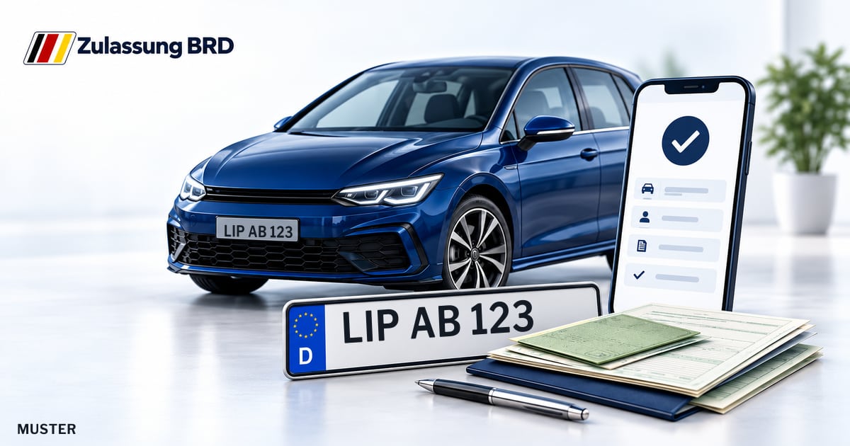 Online Fahrzeugzulassung in Kalletal: Musterkennzeichen LIP AB 123, Auto und Fahrzeugpapiere und Smartphone. Illustration mit Logo von Zulassung BRD.